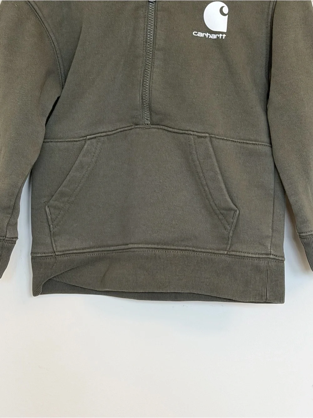 Carhartt Kids 2T Olive Green Half Zip Hoodie Logo Sleeve Workwear Streetwear